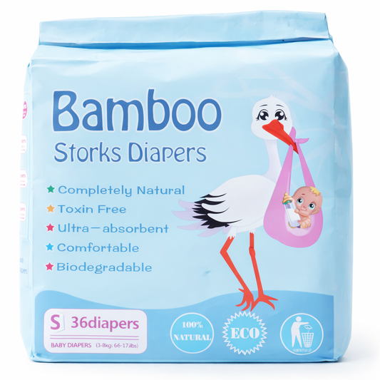 Storks Diapers are thoughtfully crafted with organic, plant-based materials and designed to be free from harmful toxins. Made with 100% biodegradable components, they provide ultra-absorbent protection, exceptional comfort, and hypoallergenic care, without added bleaches or harsh chemicals.